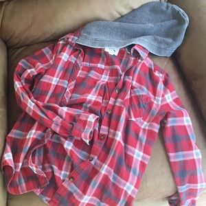Plaid Hooded Long Sleeve Button Up